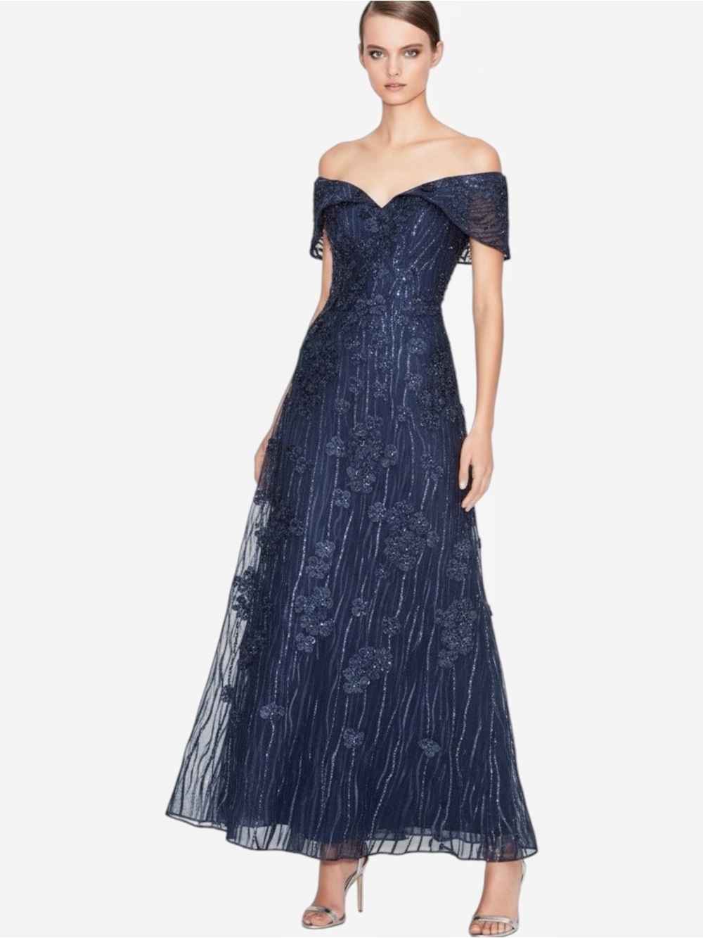 ALEXANDER BY DAYMOR COUTURE Women’s Off Shoulder 3D Floral Navy Evening Gown NEW
